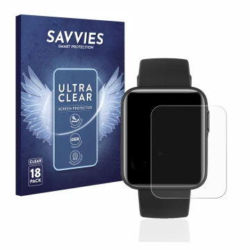 Front side of a product packaging with the brand logo Savvies. Next to it is the device Xiaomi Mi Watch Lite shown with the co
