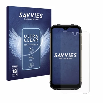 Front side of a product packaging with the brand logo Savvies. Next to it is the device Doogee S96 Pro shown with the correspo