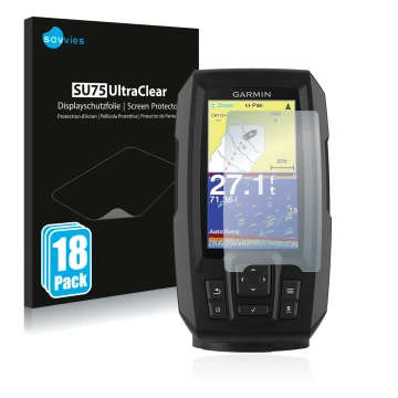 Front side of a product packaging with the brand logo Savvies. Next to it is the device Garmin Striker Vivid 4cv shown with th