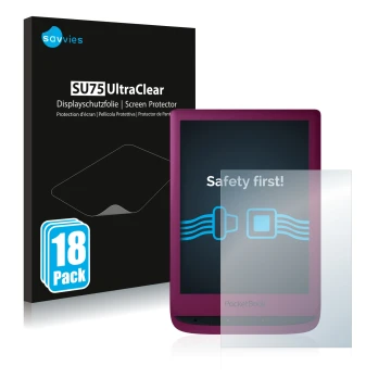 Front side of a product packaging with the brand logo Savvies. Next to it is the device PocketBook Touch Lux 5 shown with the 