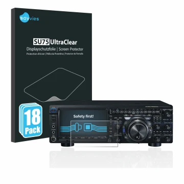 Front side of a product packaging with the brand logo Savvies. Next to it is the device Yaesu FT-DX101D shown with the corresp