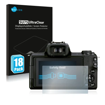 Front side of a product packaging with the brand logo Savvies. Next to it is the device Canon EOS M50 Mark II shown with the c