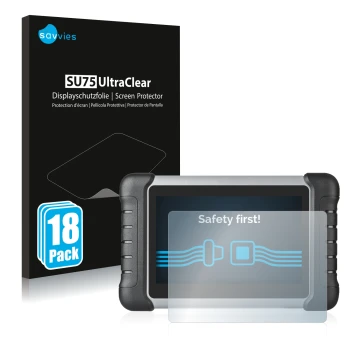 Front side of a product packaging with the brand logo Savvies. Next to it is the device Autel MaxiCOM MK808 shown with the cor