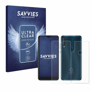 Front side of a product packaging with the brand logo Savvies. Next to it is the device Alcatel 1S 2020 (Front+Back) shown wit