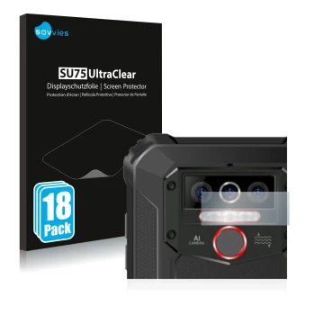 Front side of a product packaging with the brand logo Savvies. Next to it is the device Oukitel WP5 Pro (ONLY Camera Lens) sho