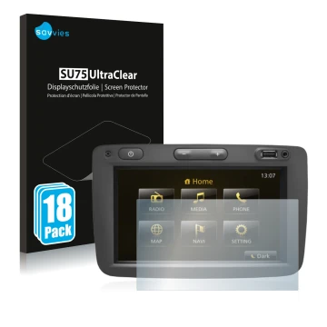 Front side of a product packaging with the brand logo Savvies. Next to it is the device Dacia Duster 2 2019 Infotainment Syste