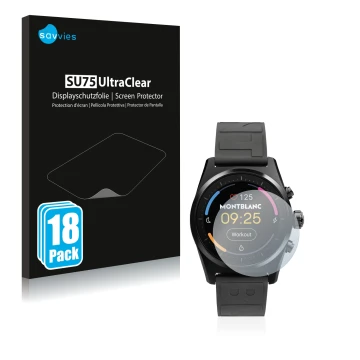 Front side of a product packaging with the brand logo Savvies. Next to it is the device Montblanc Summit Lite shown with the c