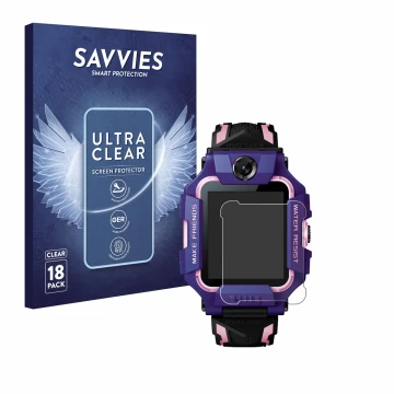 Front side of a product packaging with the brand logo Savvies. Next to it is the device Imoo Watch Phone Z6 shown with the cor
