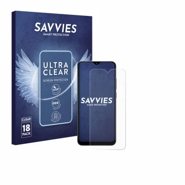 Front side of a product packaging with the brand logo Savvies. Next to it is the device Samsung Galaxy A02s shown with the cor