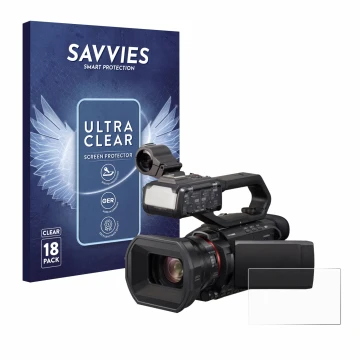 Front side of a product packaging with the brand logo Savvies. Next to it is the device Panasonic HC-X2000 shown with the corr
