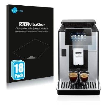 Front side of a product packaging with the brand logo Savvies. Next to it is the device DeLonghi PrimaDonna Soul ECAM610.74.MB