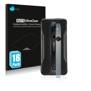 Front side of a product packaging with the brand logo Savvies. Next to it is the device Blackview BV6300 Pro (ONLY Camera Lens