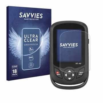 Front side of a product packaging with the brand logo Savvies. Next to it is the device Hti HT A2 shown with the corresponding