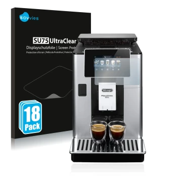 Front side of a product packaging with the brand logo Savvies. Next to it is the device DeLonghi PrimaDonna Soul ECAM610.55.SB