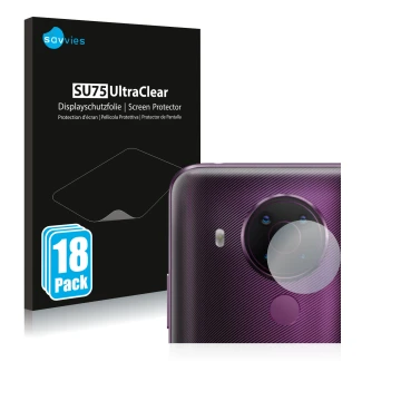 Front side of a product packaging with the brand logo Savvies. Next to it is the device Nokia 5.4 (ONLY Camera Lens) shown wit