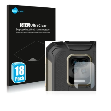 Front side of a product packaging with the brand logo Savvies. Next to it is the device Doogee S59 Pro (ONLY Camera Lens) show