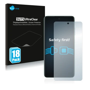 Front side of a product packaging with the brand logo Savvies. Next to it is the device Samsung Galaxy A52 shown with the corr