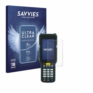 Front side of a product packaging with the brand logo Savvies. Next to it is the device Zebra MC3300X shown with the correspon