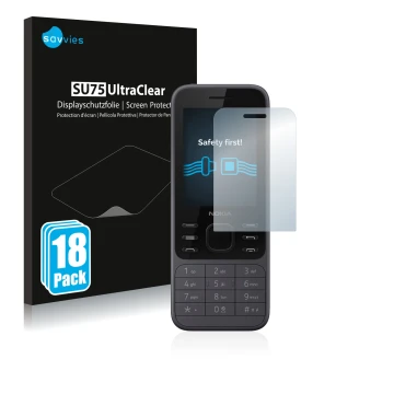 Front side of a product packaging with the brand logo Savvies. Next to it is the device Nokia 6300 2020 shown with the corresp