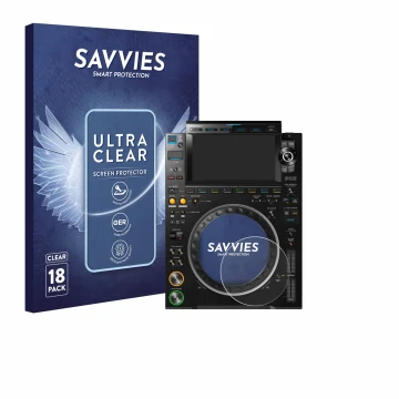 Front side of a product packaging with the brand logo Savvies. Next to it is the device Pioneer CDJ 3000 (circle) shown with t