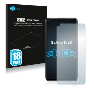 Front side of a product packaging with the brand logo Savvies. Next to it is the device Xiaomi Redmi Note 9T 5G shown with the