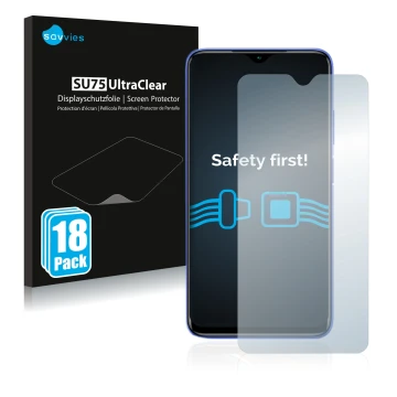 Front side of a product packaging with the brand logo Savvies. Next to it is the device Xiaomi Redmi 9T shown with the corresp