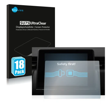 Front side of a product packaging with the brand logo Savvies. Next to it is the device Renault Zoe Easy Link 7