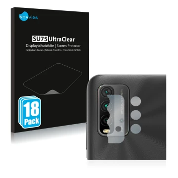 Front side of a product packaging with the brand logo Savvies. Next to it is the device Xiaomi Redmi 9T (ONLY Camera Lens) sho