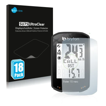 Front side of a product packaging with the brand logo Savvies. Next to it is the device Bryton Rider 15 neo shown with the cor