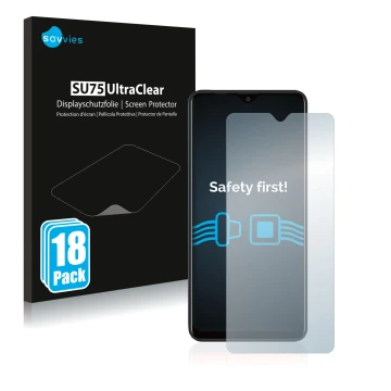 Front side of a product packaging with the brand logo Savvies. Next to it is the device Blackview A80 Plus shown with the corr