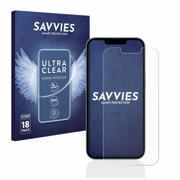 Front side of a product packaging with the brand logo Savvies. Next to it is the device Apple iPhone 13 Pro shown with the cor