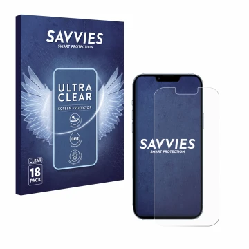Front side of a product packaging with the brand logo Savvies. Next to it is the device Apple iPhone 13 Pro Max shown with the