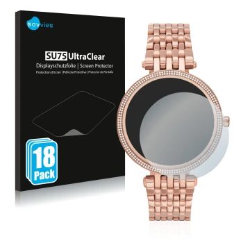 Front side of a product packaging with the brand logo Savvies. Next to it is the device Michael Kors Access Darci Gen 5E shown