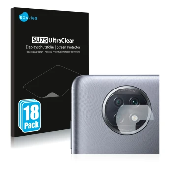 Front side of a product packaging with the brand logo Savvies. Next to it is the device Xiaomi Redmi Note 9T 5G (ONLY Camera L