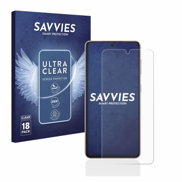 Front side of a product packaging with the brand logo Savvies. Next to it is the device Samsung Galaxy S21 shown with the corr