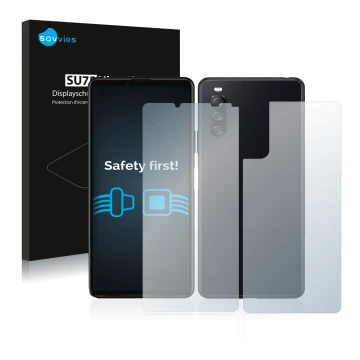 Front side of a product packaging with the brand logo Savvies. Next to it is the device Sony Xperia 10 III (Front+Back) shown 