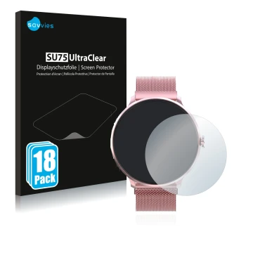 Front side of a product packaging with the brand logo Savvies. Next to it is the device Bebinca Smartwatch shown with the corr