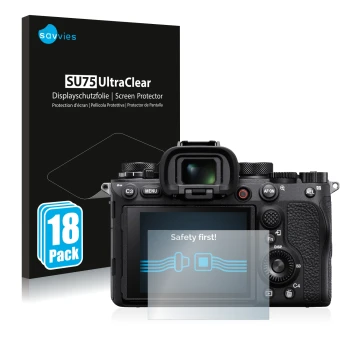 Front side of a product packaging with the brand logo Savvies. Next to it is the device Sony Alpha 1 shown with the correspond