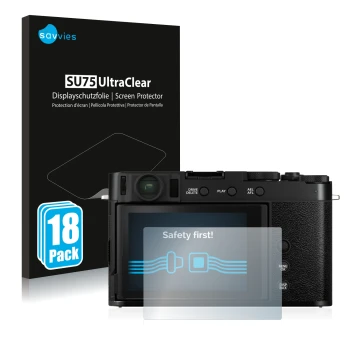 Front side of a product packaging with the brand logo Savvies. Next to it is the device Fujifilm X-E4 shown with the correspon