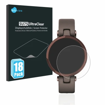 Front side of a product packaging with the brand logo Savvies. Next to it is the device Garmin Lily shown with the correspondi