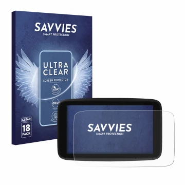 Front side of a product packaging with the brand logo Savvies. Next to it is the device TomTom GO Discover 7