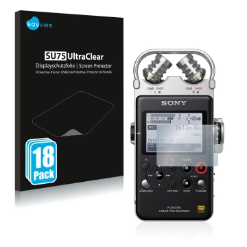 Front side of a product packaging with the brand logo Savvies. Next to it is the device Sony PCM D100 shown with the correspon