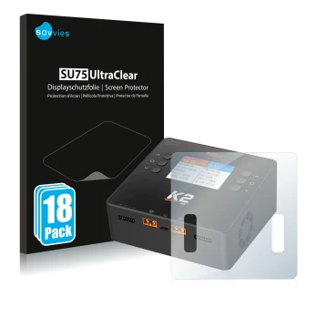 Front side of a product packaging with the brand logo Savvies. Next to it is the device ISDT Smart Duo Charger K2 shown with t