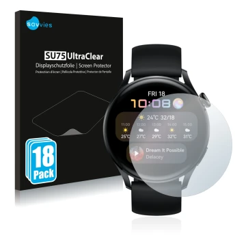 Front side of a product packaging with the brand logo Savvies. Next to it is the device Huawei Watch 3 shown with the correspo