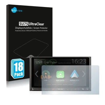 Front side of a product packaging with the brand logo Savvies. Next to it is the device Zenec Z-N528 shown with the correspond