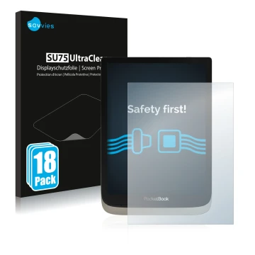 Front side of a product packaging with the brand logo Savvies. Next to it is the device PocketBook InkPad Color shown with the