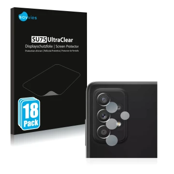Front side of a product packaging with the brand logo Savvies. Next to it is the device Samsung Galaxy A52 (ONLY Camera Lens) 