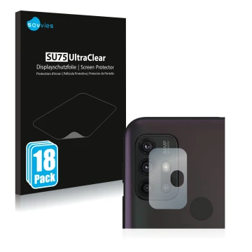 Front side of a product packaging with the brand logo Savvies. Next to it is the device Motorola Moto G30 (ONLY Camera Lens) s