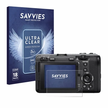 Front side of a product packaging with the brand logo Savvies. Next to it is the device Sony FX3 shown with the corresponding 