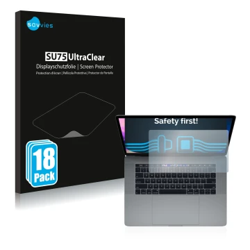 Front side of a product packaging with the brand logo Savvies. Next to it is the device Apple MacBook Pro 15